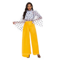 Yellow Pleated High Waist Elastic Zipper Ruffled Women Wide Leg Pants